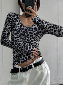 DAZY 女式春夏豹纹圆领长袖修身T恤，秋季服装 - 黑與白 - 查看 3