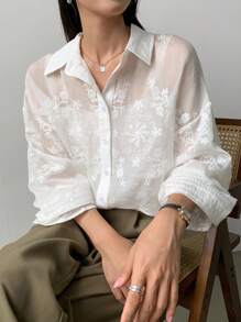 FRIFUL 女士纯色不对称透明蕾丝长袖衬衫、长袖上衣