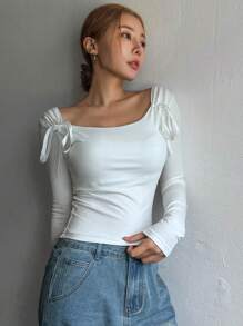 DAZY 女式蝴蝶结前长袖修身休闲 T 恤，简约 T 恤，秋季服装 - 白色 - 查看 8