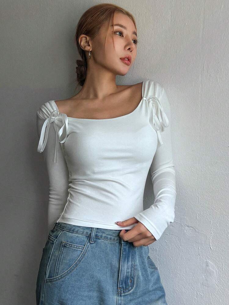 Camiseta casual de manga larga con lazo delantero y ajuste ceñido para mujer, camiseta sencilla, ropa de otoño