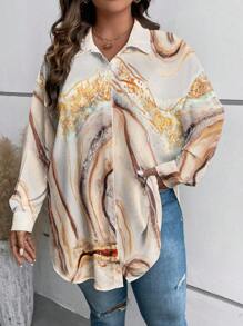 SHEIN LUNE Chemisier casual avec boutons avant, col chemise et manches chauve-souris, grande taille