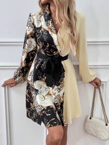 SHEIN Clasi Women's Spring/Summer Elegant Fashion Leopard Print Lantern Sleeve Short Dress