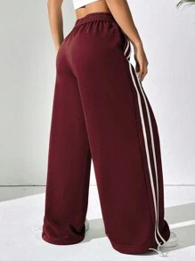 SHEIN Unity 条纹拼布字母印花休闲口袋裤 - 酒紅色 - 查看 2