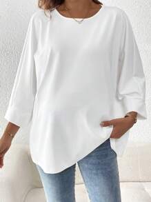 SHEIN Maternity Solid Color Crew Neck Loose T-Shirt - White - View 5