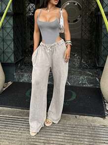 INAWLY Women's Solid Color Sleeveless Bodysuit, Sports Style, Summer