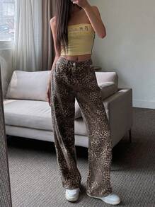 DAZY Women's Leopard Print Loose Wide Leg Autumn Jeans,Ladies Casual Pocket,Zipper Natural Wide Leg Long Brown Baggy Loose Women Jeans,Spring/Fall,Casual Daily Wear - Brown - View 2