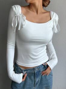 DAZY 女式蝴蝶结前长袖修身休闲 T 恤，简约 T 恤，秋季服装 - 白色 - 查看 2