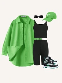 Tween Girl 轻盈宽松休闲梭织衬衫 & 针织吊带背心 & 针织修身短裤套装，春夏 - 綠色 - 查看 1