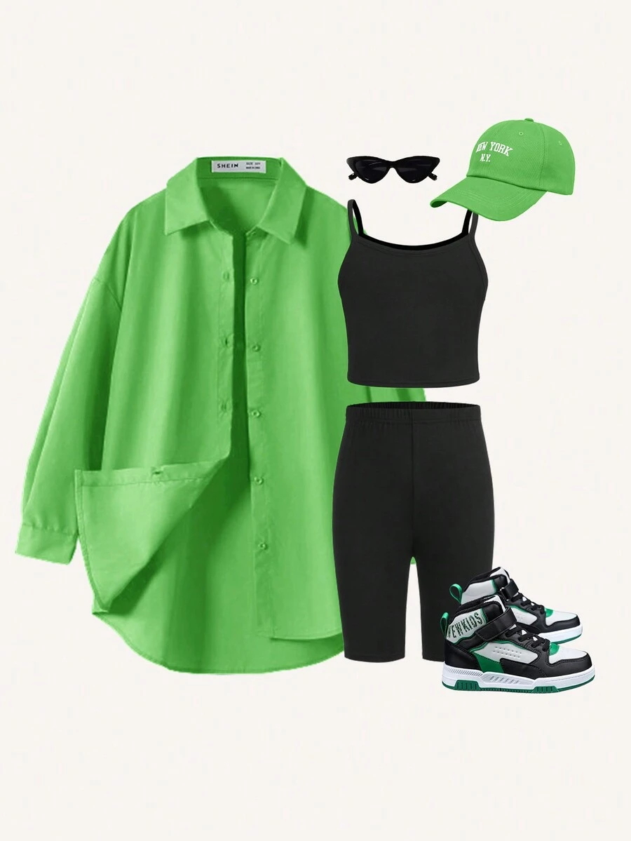 Tween Girl 轻盈宽松休闲梭织衬衫 & 针织吊带背心 & 针织修身短裤套装，春夏 - 綠色 - 查看 1