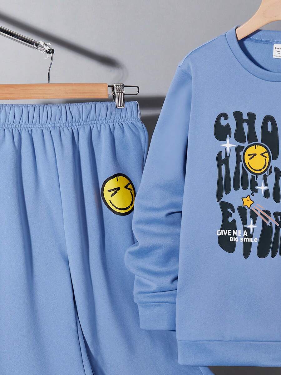 SHEIN 2pcs Teen Boys' Casual Navy Blue English Smiling Face & UFO Print