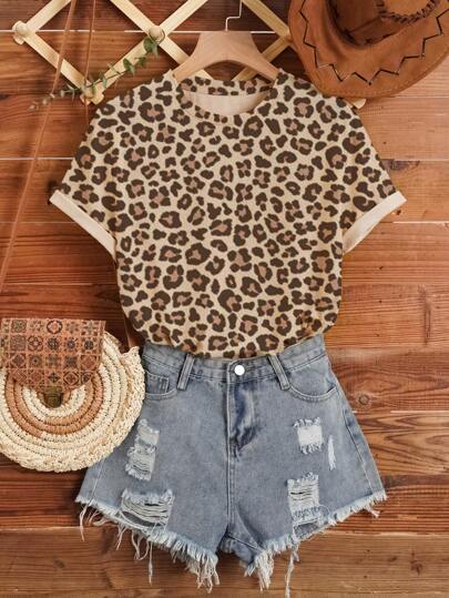 INAWLY Camiseta casual de mujer con cuello redondo y manga corta con estampado de leopardo, camisetas de mujer con gráfico de estampado de guepardo para ropa de verano