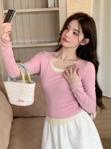 DAZY Áo thun dài tay cổ tròn màu tương phản dành cho nữ, Xuân/Hè - Hồng - Xem 8