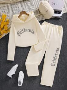 SHEIN 2pcs/Set Teen Girl Spring&Autumn Letter Printed Hoodie Sweatshirt And Loose Pants Casual Outfit - Apricot - View 3