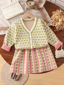 SHEIN 年轻女孩学院风可爱针织毛衣套装，春秋 - 粉色 - 查看 3