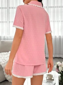 2pcs Women's Lace Patchwork Collar Sleepwear Set - Pink - View 2