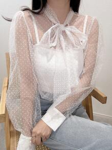 FRIFUL 女士纯色前系带透明长袖上衣，休闲度假