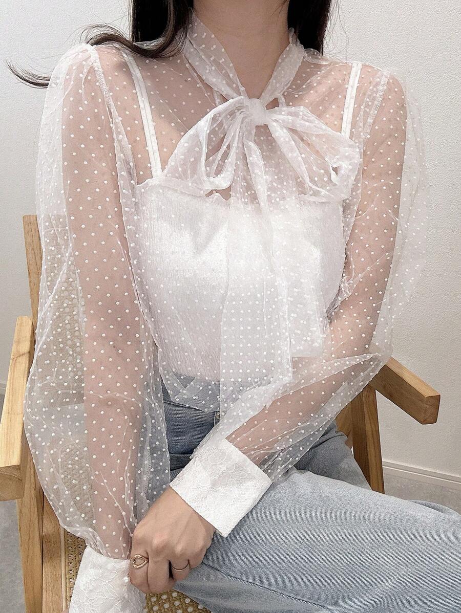 FRIFUL 女士纯色前系带透明长袖上衣，休闲度假