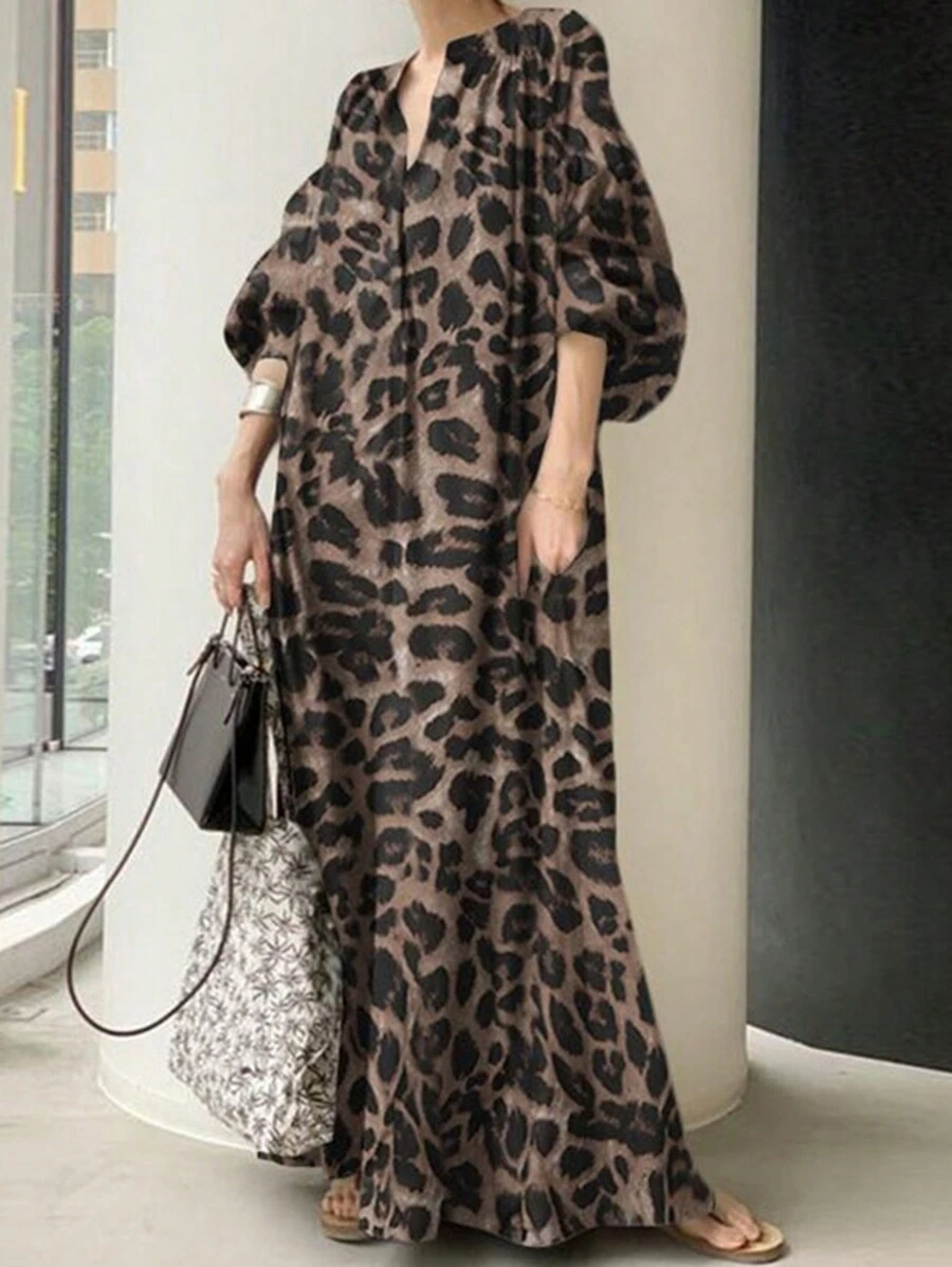 EMERY ROSE 女式 V 领豹纹泡泡袖波西米亚风连衣裙长款女装 - 咖啡 - 查看 1