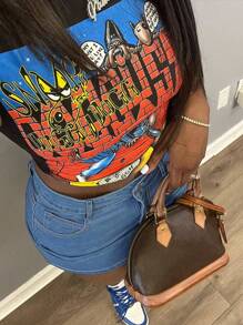 Black Skinny Denim Mini Skirt - Medium Wash - View 4