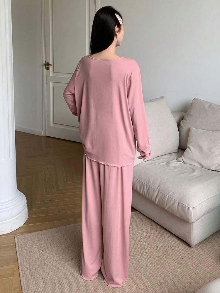 Soft Knit Simple Wavy Hem Bow Decor Loungewear Set Pajama