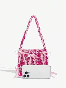 SHEIN ICON 女士，女式顶级手提包，单肩包，流浪包，时尚，个性化，甜美酷炫女孩，Y2K，丝带，编织，流苏，蝴蝶结，街头，趣味，Y2K，芭蕾风格，Blokecore，适合约会，约会之夜，女士可爱蝴蝶结包 - 玫紅色 - 查看 5