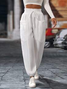 Chiquease 女士休闲纯色抽绳褶腰慢跑裤