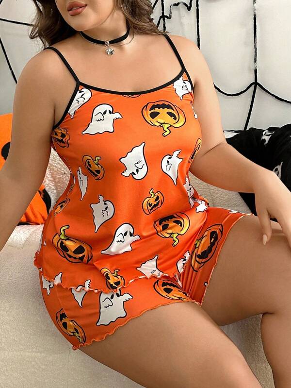 Plus Size Halloween Pumpkin & Ghost Print Camisole & Shorts Pajama Set