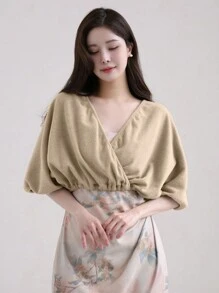 DAZY Women Solid Color Hemline Waist Fitted Short T-Shirt - Khaki - View 4