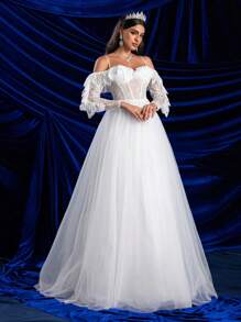 Glamrae Elegante vestido de novia de manga larga con hombros descubiertos y escote transparente, con boning en forma de espina de pescado, encaje floral y falda amplia de tul en línea A, adecuado para bodas, fiestas y vacaciones - Blanco - Ver 5