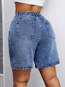 SHEIN ICON 大码水洗斜口袋直筒牛仔短裤夏季女装节日装百慕大短裤休闲 - 中等水洗藍 - 查看 2