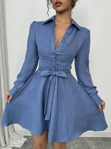 Almamuse Robe mi-longue élégante pour femmes avec manches longues, taille froncée à cordon de serrage et boutons devant - Bleu azur - Voir 3