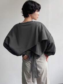 FRIFUL Sudadera con capucha y cordón con bajo asimétrico para mujer con lazo en la espalda - Gris - Ver 7