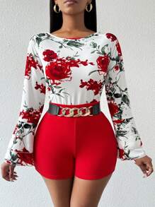 Zolique 2pcs/Set Atasan Wanita Lengan Panjang Leher Bulat Motif Seluruh Permukaan dan Celana Pendek Modis Slim-Fit untuk Musim Gugur - MultiWarna - View 3