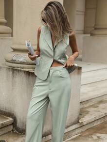 Aveloria Modichic Bộ 2 quần và áo vest hở lưng cổ chữ V có điểm nhấn kim loại sang trọng dành cho nữ - màu xanh lá - Xem 3