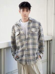 DAZY 秋季男士休闲格子口袋长袖衬衫 - 卡其色 - 查看 8