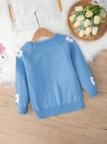 SHEIN 年轻女孩圆领长袖花卉图案毛衣，休闲日常穿着 - 藍色 - 查看 2