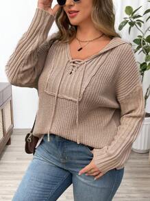Calvaya Maglione casual a maniche lunghe con cappuccio e coulisse, in maglia, taglia comoda, per autunno e inverno - Cachi - Visualizzare 6