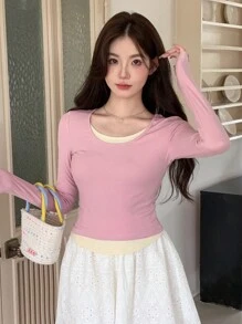 DAZY Áo thun dài tay cổ tròn màu tương phản dành cho nữ, Xuân/Hè - Hồng - Xem 6