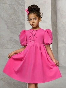 SHEIN Tween 女童休闲宽松蝴蝶装饰圆领泡泡袖迷你连衣裙 - 玫紅色 - 查看 12