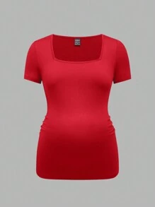 SHEIN 3 piezas/set de tops de verano ajustados de manga corta con cuello cuadrado en negro, blanco y gris para maternidad - Rojo - Ver 9