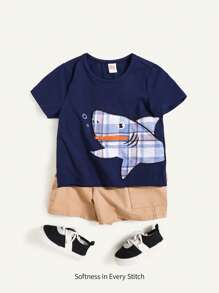 Cozy Pixies 2pcs/Set Baby Boy Cartoon Shark Pattern Colorblock Short Sleeve T-Shirt And Cargo Shorts Set - Multicolor - View 1