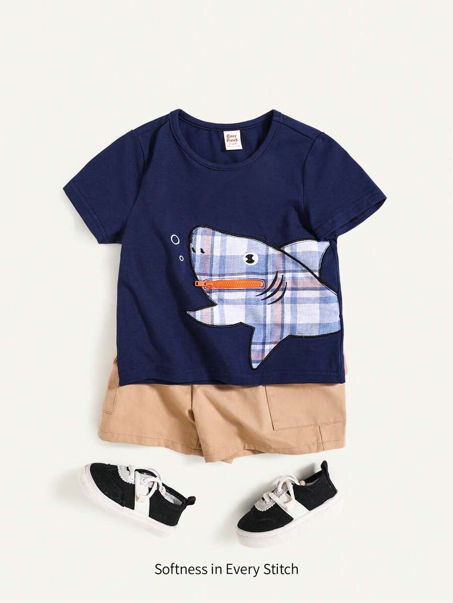Cozy Pixies 2pcs/Set Baby Boy Cartoon Shark Pattern Colorblock Short Sleeve T-Shirt And Cargo Shorts Set - Multicolor - View 1