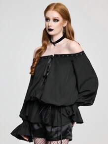 ROMWE Goth 女士露肩系带袖口长袖时尚衬衫 - 黑色 - 查看 4