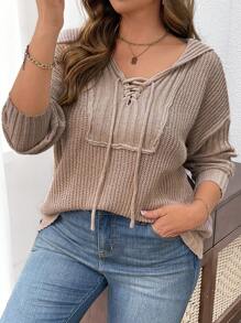 Calvaya Maglione casual a maniche lunghe con cappuccio e coulisse, in maglia, taglia comoda, per autunno e inverno - Cachi - Visualizzare 4