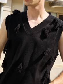 Manfinity Roghcode 男士 V 领无袖针织绒球设计休闲宽松背心 - 黑色 - 查看 5