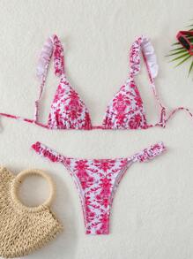 SHEIN Swim 夏季海滩全身印花荷叶边吊带比基尼套装，全身印花图案随机，泳衣 - 彩色 - 查看 5
