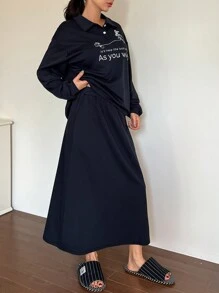 DAZY 线条画兔子印花翻领运动衫和迷你裙休闲家居服套装睡衣 - 藏蓝色 - 查看 6