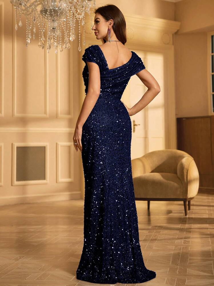 Navy Blue Sparkly Dress Short Sleeve Sequins Long Blue Dress Free Shipping!