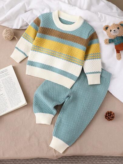 SHEIN Vintaside Kids 2pcs/Set Baby Boys Knitted Sweater & Pants Outfit, Round Neck Long Sleeve Pullover Sweater And Striped Knitted Trousers, Warm And Comfortable For Casual Wear, Outings And Traveling In Autumn/Winter