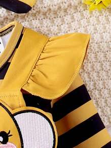 SHEIN Set Baju Terusan Bayi Perempuan Motif Garis-garis Lebah Lengan Panjang + Bordir Lebah - Kuning - View 4